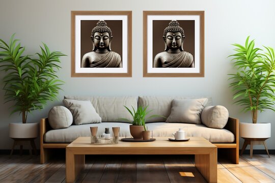 Living room with two pictures of buddhas on the wall.
