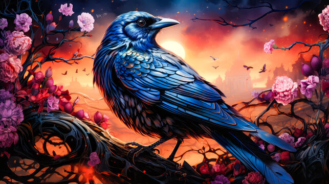 Image of blue bird sitting on tree branch.