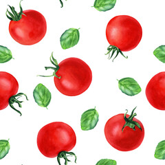 Watercolor seamless pattern with cherry tomatoes and basil leaves. Hand drawn illustration for wrapping, fabric, textile