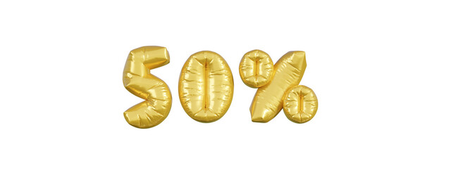 Gold balloons business header. 50 percent advertising symbol letter 3d vector.