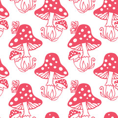 Autumn seamless pattern with red mushrooms for textile design or wallpaper, scrapbook. vector background with hand drawn elements