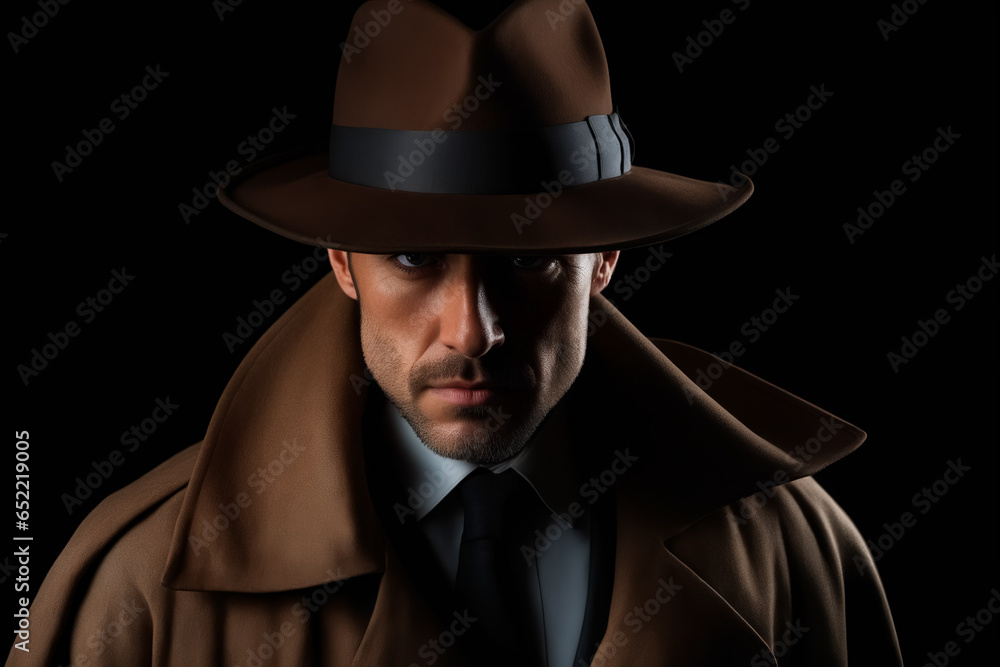 Sticker Man in trench coat and hat with black background.