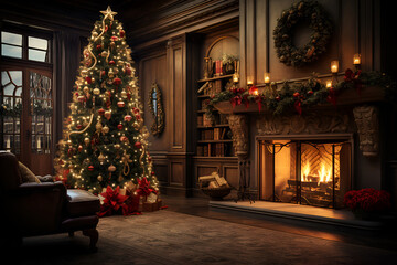 Fototapeta na wymiar A cozy living room with a fireplace, a Christmas tree and gifts 3