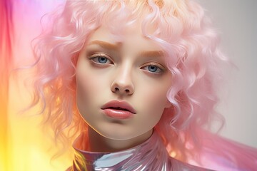 Naklejka premium Young woman wearing pink hair, purple and pink light up. The color pink in a blonde girl, in the style of avant-garde futurism. Contemporary candy-coated, sci-fi inspired futurism.