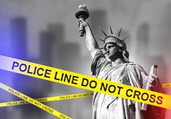 Statue of liberty. Yellow police tape. Arrests in USA concept. Police line do not cross. Crime...