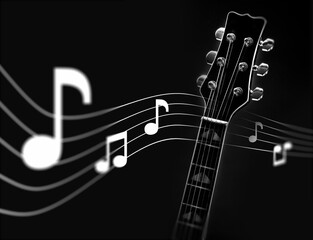 Musical background. Guitar fragment. Sheet music of audio composition. Dark musical background....