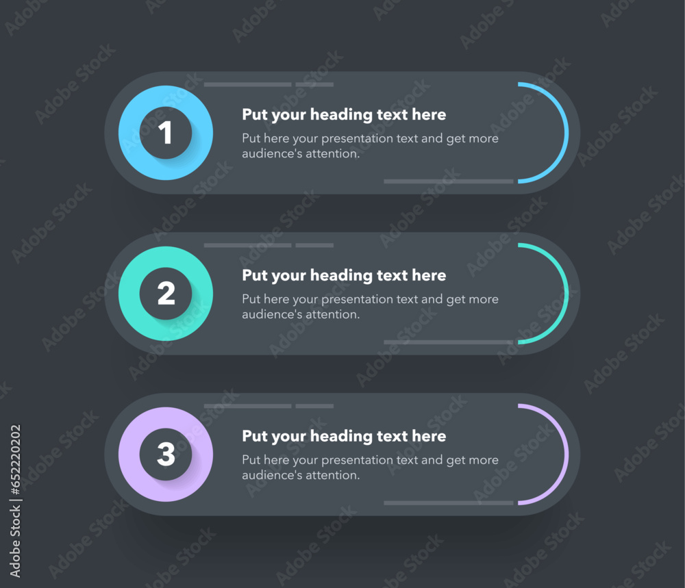Poster Diagram with three steps with numbers and a place for your text - dark version. Flat infographic design.