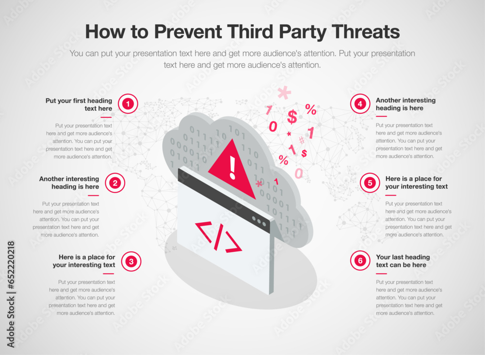 Leinwandbilder Infographic template for how to prevent third party threats. 6 stages template with an insecure API to access a targeted cloud server as a main symbol.
