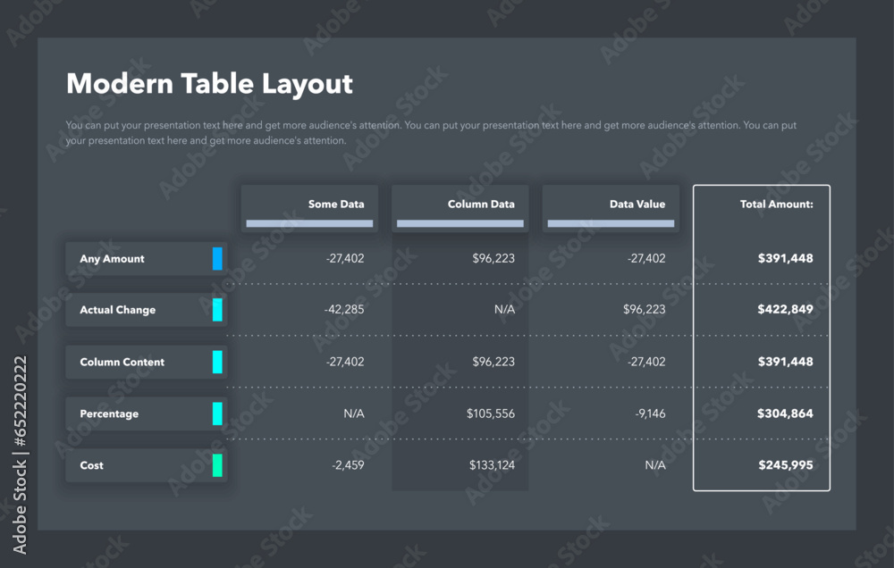 Poster Modern table layout template with a total amount column - dark version. Simple flat template for project data visualization.