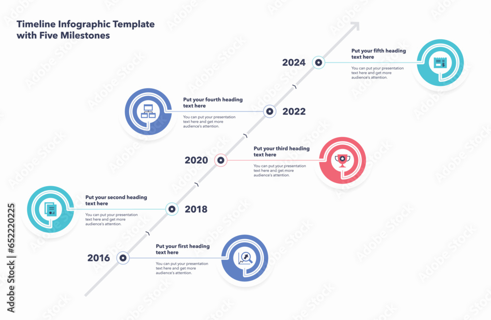 Poster Timeline infographic template with five colorful milestones. Can be used for your website or presentation.