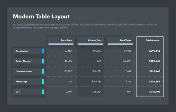 Modern table layout template with a total amount column - dark version. Simple flat template for project data visualization.