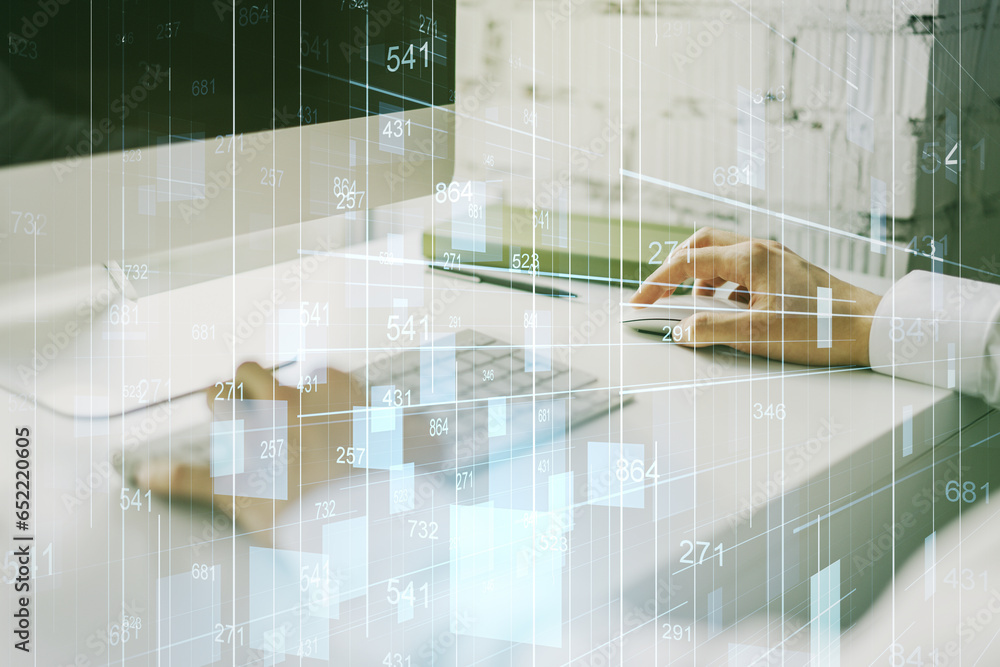 Poster abstract creative analytics data spreadsheet with hands typing on laptop on background, analytics an