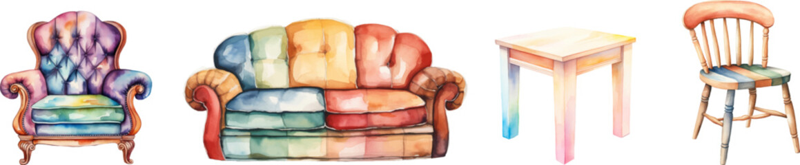 Set of watercolor sofas, tables, chairs on white background.