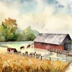 Watercolor landscape of farm animals in creative farm AI design. - obrazy, fototapety, plakaty