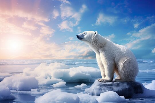 Relaxed polar bear lookin at the sky with blue colors and cool tones. Generative AI