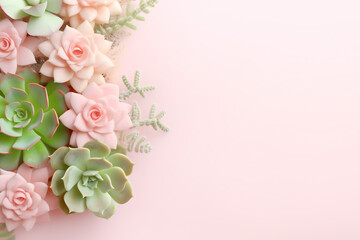 Arrangement of succulents against a pink background with copy space. Flat lay