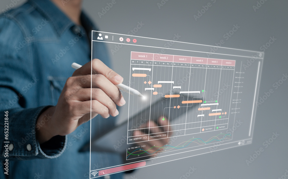 Poster businessman analyzes financial report data on dashboard, data management system to create reports wi