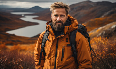 A close-up portrait of a middle-aged man in a jacket with backpack hiking in the Scandinavian mountains during an overcast autumn day. - 652222055