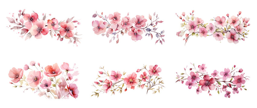 Set watercolor elements of pink roses; collection garden flowers; leaves; branches. Botanic Wedding floral design. Collection of greenery leaf plant forest herbs tropical leaves.