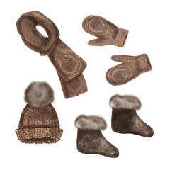 Winter elements hand drawn illustrations. Cute hat, scarf, mittens,boot, shoe. Warm winter symbols.