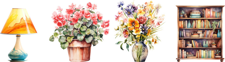 Set of table lamp, flower pot, flower vase, bookcase, watercolor on white background.