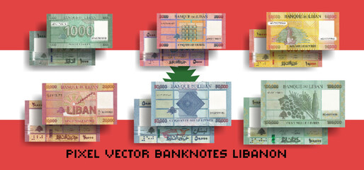 Vector set of mosaic pixelated Lebanon banknotes. Notes in denominations of 1000, 5000, 10000, 20000, 50000 and 100000 pounds, lire or livres. Flyers or play money. - obrazy, fototapety, plakaty