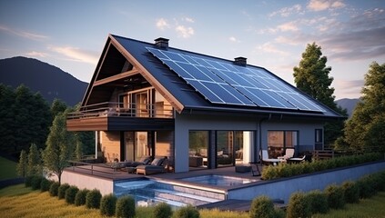 Obraz premium Modern house with solar panels on the roof. Generative AI