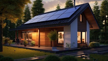 Fototapeta na wymiar Black solar panels on the roof. Beautiful, large modern house and solar energy. Generative AI