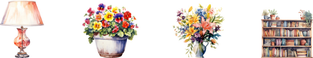 Set of table lamp, flower pot, flower vase, bookcase, watercolor on white background.