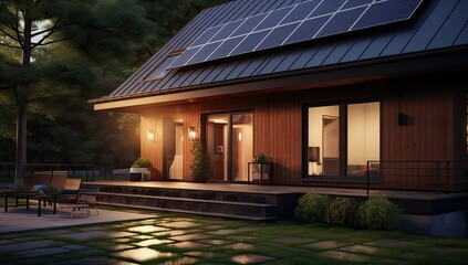 Naklejka premium Black solar panels on the roof. Beautiful, large modern house and solar energy. Generative AI
