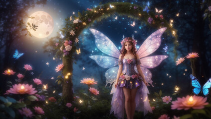 Enchanted fairy with wings in a fantasy magical forest with butterflies, magic flowers and huge moon. - obrazy, fototapety, plakaty