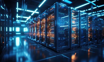A modern data center featuring multiple servers, each equipped with glowing LED lights. - 652223081