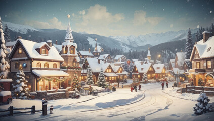 Christmas village with Snow in vintage style. Winter Village Landscape. - obrazy, fototapety, plakaty