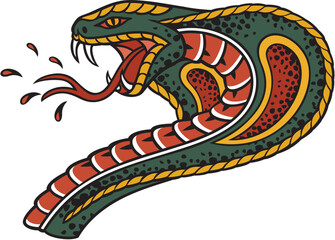 Old School Style Tattoo Cobra Snake Head Design. Vector Illustration.