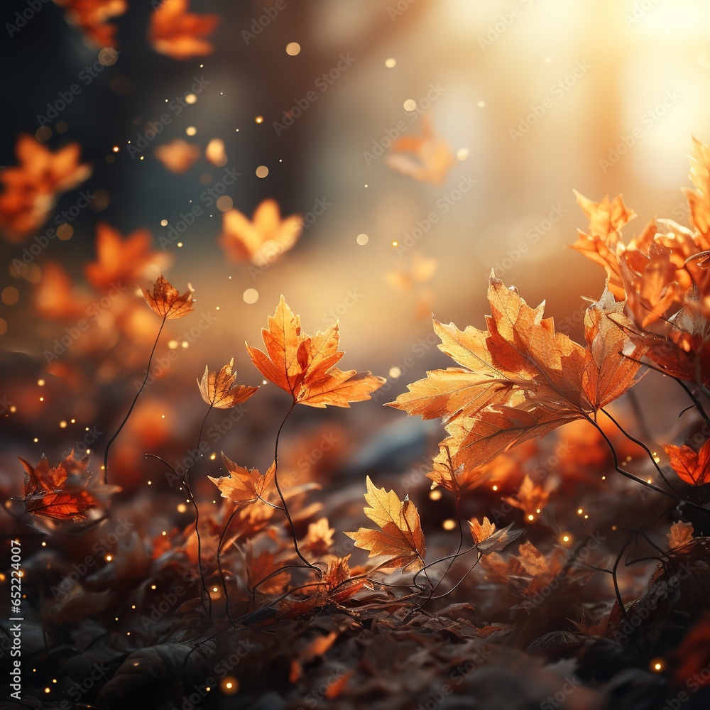 Poster falling autumn background with bokeh effect, abstract design with copy space.