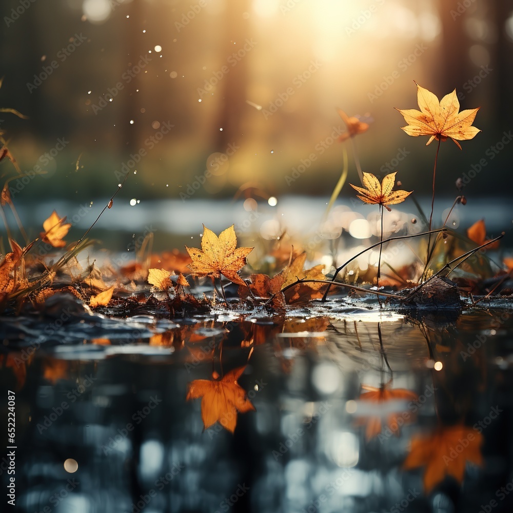 Poster falling autumn background with bokeh effect, abstract design with copy space.