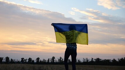 Ukrainian woman going with raised flag of Ukraine above head on wheat field against background of...