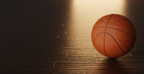 Obraz premium Basketball ball on wooden floor and sport arena with tribunes and lights in blurred background.3D rendering.