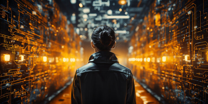 Frau mit R&uuml;ckenansicht geht in den Technik Server Raum mit vielen Lichtern Querformat f&uuml;r Banner, ai generativ