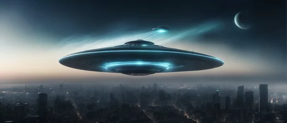 Photo sur Aluminium brossé UFO Flying saucer UFO of Aliens above big city skyline at night. Highly detailed and realistic design