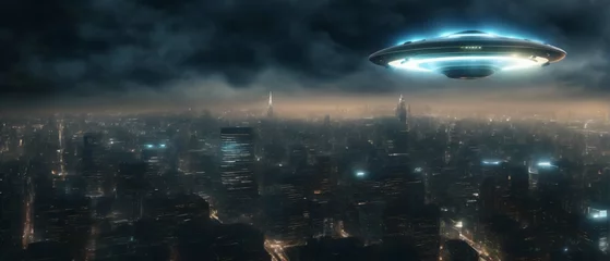 Zelfklevend Fotobehang Flying saucer UFO of Aliens above big city skyline at night. Highly detailed and realistic design © RobinsonIcious