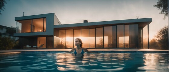 Young woman in swimming pool with modern house in background. Luxury Lifestyle illustration. High resolution and high detail