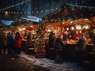 Festively decorated Christmas market with several people shopping for Christmas presents. Generative Ai