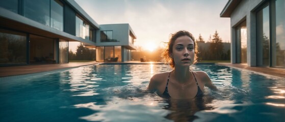 Young woman in swimming pool with modern house in background. Luxury Lifestyle illustration. High resolution and high detail