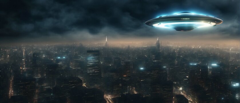 Flying saucer UFO of Aliens above big city skyline at night. Highly detailed and realistic design