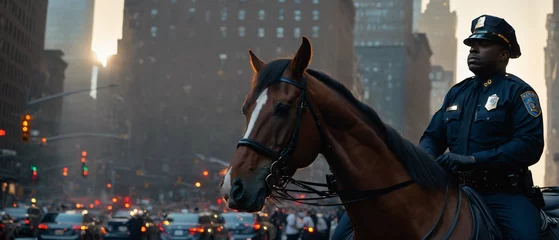 Foto op Plexiglas Police officer on a horse in new york city. Extremely detailed and realistic high resolution concept design illustration © RobinsonIcious