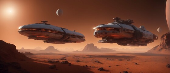 Spaceships on mars like exoplanet. Futuristic scifi illustration in high resolution and high detail