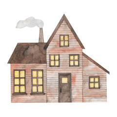 Watercolor drawing of a vintage old village house in autumn colors. Cozy cottage. Hand drawn.