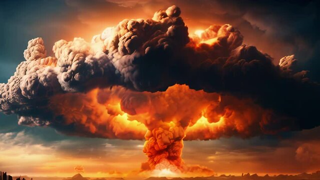 Huge nuclear bomb explosion with a mushroom cloud, weapon of mass destruction. Anamorphic 4k footage