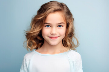 Fototapeta premium girl 6 years old with smile, casual pose, cian light background, surreal, very friendly